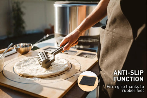 Person using a Large Bamboo Cutting Board With 3 Shatter Resistant Containers And Lids For Kitchen Prep, featuring anti slip rubber feet