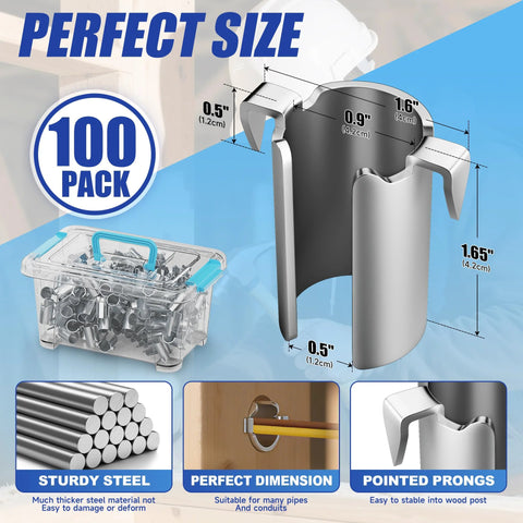 Smart Shield Nail Guards For Wire And Cable Protection 100 Pack showing dimensions and storage box, galvanized steel construction.