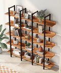 Five Tier Industrial Bookcase With Black Metal Frame And Brown MDF Shelves, filled with books and decor against a white wall