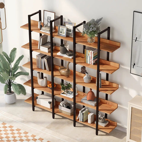 Five Tier Industrial Bookcase With Black Metal Frame And Brown MDF Shelves, filled with books and decor against a white wall
