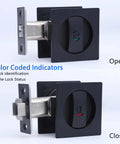 Color Coded Pocket Door Privacy Lock With Green Unoccupied And Red Occupied Indicators, Emergency Switch, Satin Brass Square Edge Pull