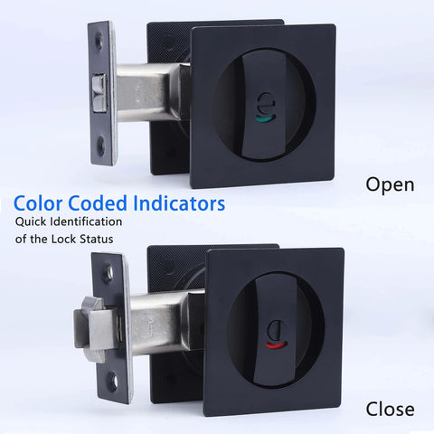Color Coded Pocket Door Privacy Lock With Green Unoccupied And Red Occupied Indicators, Emergency Switch, Satin Brass Square Edge Pull