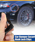 Universal Car Bumper Security Hook Clips Quick Release Lock Set For Trunk Bumpers And Fenders Black 80x28mm 2 Pack Replacement Easy Install Heavy Duty Auto Fasteners shown close-up in hand and installed on car
