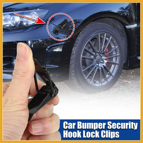 Universal Car Bumper Security Hook Clips Quick Release Lock Set For Trunk Bumpers And Fenders Black 80x28mm 2 Pack Replacement Easy Install Heavy Duty Auto Fasteners shown close-up in hand and installed on car