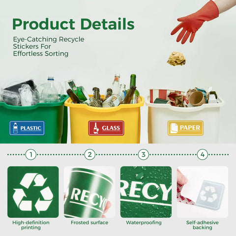 Set Of 6 Recycle Sign Stickers For Trash Bins Self Adhesive Waterproof Labels Ideal For Home Office School Hotel Apartment And Public Areas With Clear Color Coding For Paper Glass Plastic And Cans on recycling bins with gloves.