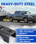 Truck towing a boat with text highlighting heavy-duty steel features of 4 Pack Trailer Axle Spring Perch Seats For 3 Inch Round Axles.