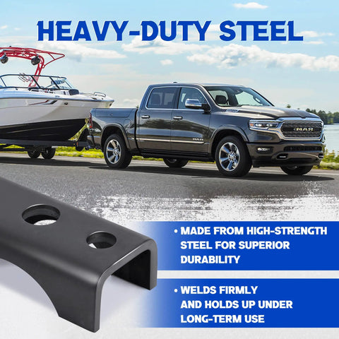 Truck towing a boat with text highlighting heavy-duty steel features of 4 Pack Trailer Axle Spring Perch Seats For 3 Inch Round Axles.