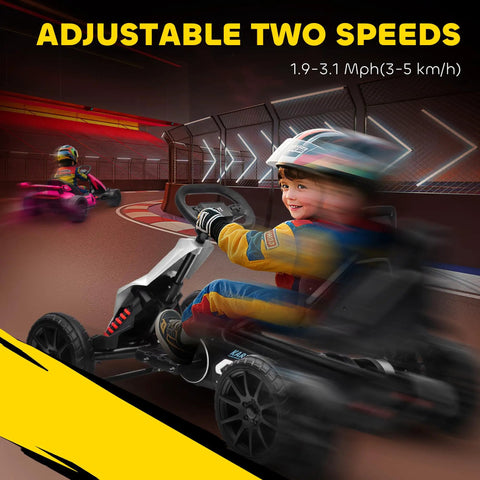 Child riding 12V Electric Go Kart For Kids With Forward And Backward Drive, Adjustable Speed, Smooth All Terrain EVA Wheels, racing track