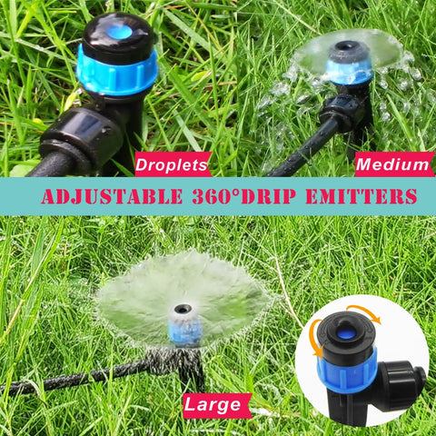 30 Pack Adjustable Drip Irrigation Emitters With Push To Quick Connect No Tools Needed To One Quarter Inch Tubing 360 Degree Rotating Water Spray Blue Vortex Emitters On Five And A Half Inch Stakes For Garden Watering System