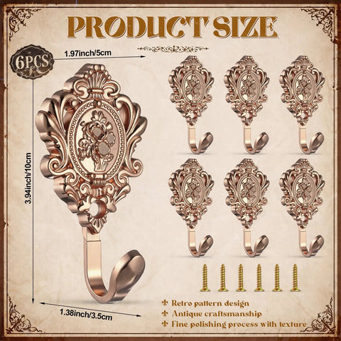 Built Tough Six Pack Vintage Curtain Tieback Hooks With Real Sharp Carved Rose Design Heavy Duty Cast Iron Wall Hooks For Coats Towels Keys Ready To Hang Gold Finish, showing size and design details.