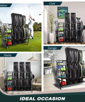 Triple Golf Bag Storage Rack With Wooden Shelf And Lockable Wheels Indoor Garage Organizer for 3 Golf Bags and Gear in various locations