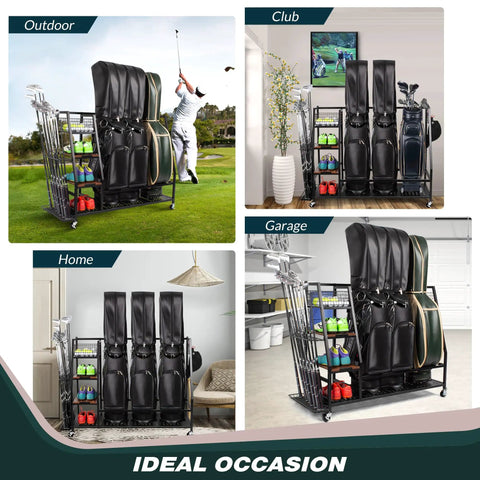 Triple Golf Bag Storage Rack With Wooden Shelf And Lockable Wheels Indoor Garage Organizer for 3 Golf Bags and Gear in various locations