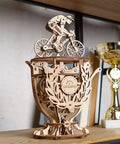 Automaton Cyclist 3D Wooden Puzzle Kit For Adults Mechanical Bicycle Model And Brain Teaser Hobby Set on shelf