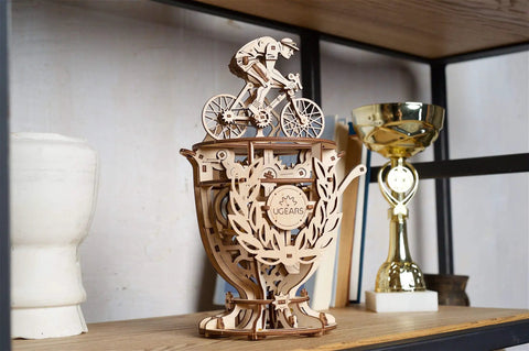 Automaton Cyclist 3D Wooden Puzzle Kit For Adults Mechanical Bicycle Model And Brain Teaser Hobby Set on shelf