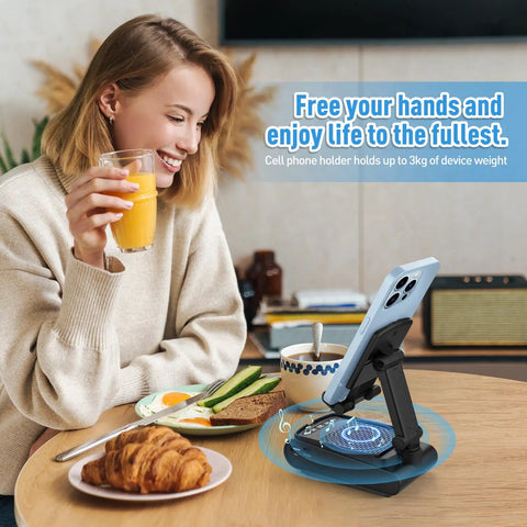 Woman using Father's Day Gift For Men 3 In 1 Wireless Bluetooth Speaker And Phone Stand With Hands Free Calls at breakfast table.