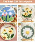 Four colorful embroidered hoops with floral designs from Punch Needle Kit For Beginners With Wooden Handle Tools in blue.