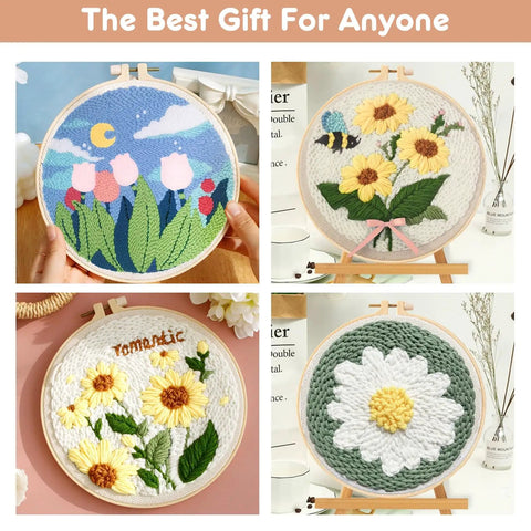 Four colorful embroidered hoops with floral designs from Punch Needle Kit For Beginners With Wooden Handle Tools in blue.