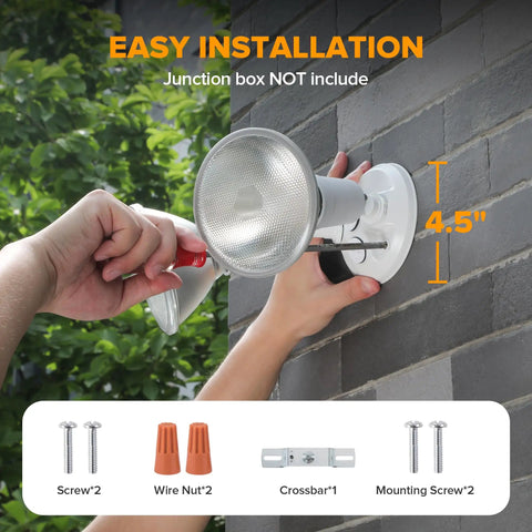 Easy installation of No Fuss And Tough As Nails 2 Pack Dual Head Outdoor Flood Lights Switch Controlled Waterproof Security Fixtures.