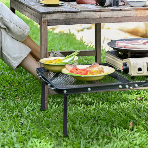 Top Shelf Folding Table Legs 13 8 Inch Rock Solid Metal Collapsible Furniture Stand With Self Locking Design Hassle Free Mounting Kit Matte Black used for outdoor food prep.