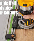 Universal Aluminum Router Guide Rail Adapter Compatible With Makita Festool Track Saw Rails in use with router on wood surface.