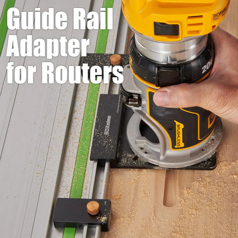 Universal Aluminum Router Guide Rail Adapter Compatible With Makita Festool Track Saw Rails in use with router on wood surface.