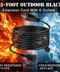 Badass 25 Foot Heavy Duty Outdoor Extension Cord Featuring Six Perfectly Spaced Power Outlets And Sleek Black Waterproof Jacket on flames and ice background.