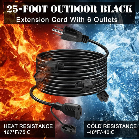 Badass 25 Foot Heavy Duty Outdoor Extension Cord Featuring Six Perfectly Spaced Power Outlets And Sleek Black Waterproof Jacket on flames and ice background.