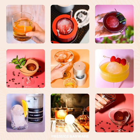 Ice Press Kit For Craft Cocktails To Level Up Your Home Bar With 2.3 Inch Sphere Ice Maker, Aircraft Grade Aluminum Press, Includes Ice Mold, Tongs, Two Whiskey Glasses, Bar Mat, Leather Coasters, American Owned And Operated displayed with cocktails.