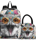 Owl Themed Backpack With Insulated Lunch Box Lightweight Fifteen Point Six Inch Laptop Daypack for Work Travel and Picnics