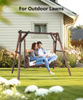 Couple relaxing on Heavy Duty 880 Lbs Wooden Porch Swing With A Frame Stand For Outdoors And Garden Rustic Sequoia Dusk Finish