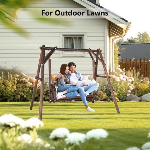 Couple relaxing on Heavy Duty 880 Lbs Wooden Porch Swing With A Frame Stand For Outdoors And Garden Rustic Sequoia Dusk Finish