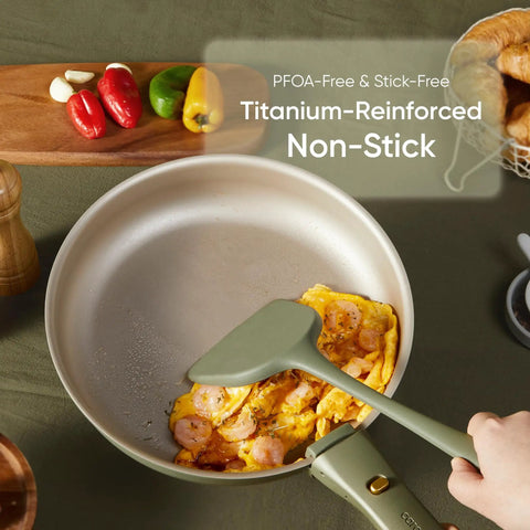 Cooking shrimp omelette in frying pan from 19 Piece Nonstick Pots And Pans Set With Detachable Handle For Easy Cleanup.