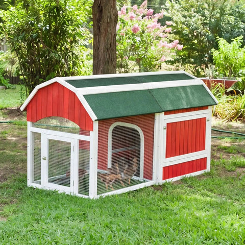 Red and white chicken coop outdoors protected by 16 Inches Wide By 20 Feet Long Hardware Cloth Heavy Duty One Quarter Inch Mesh.