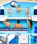 Adults playing with Inflatable Pool Volleyball Set With Yacht Theme Court, 9 Inch Volleyball, Weighted Water Bags in a pool.