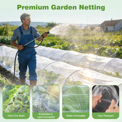 Lightweight Reusable Garden Netting Pest Barrier 10x50 Ft Insect Mesh Pro Grade installed over plants in a field.