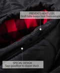 Zero Degree XXL Sleeping Bag For Adults Big And Tall Winter Camping Gear Extra Large Black Right Zip Ultra Cozy Flannel Lining Anti Snag Zippers Easy Vent And Access 90 By 39 Inches close-up of draft tube feature and zipper