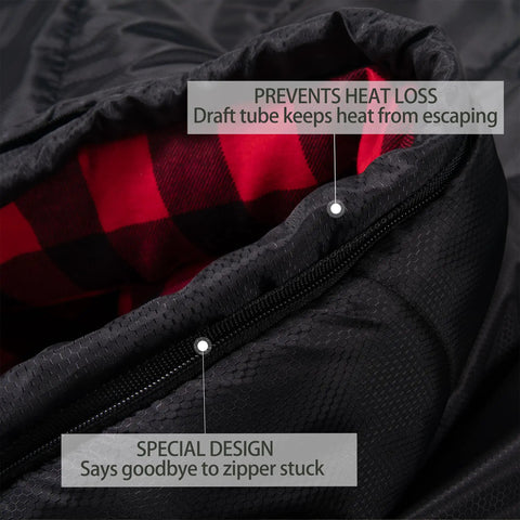 Zero Degree XXL Sleeping Bag For Adults Big And Tall Winter Camping Gear Extra Large Black Right Zip Ultra Cozy Flannel Lining Anti Snag Zippers Easy Vent And Access 90 By 39 Inches close-up of draft tube feature and zipper
