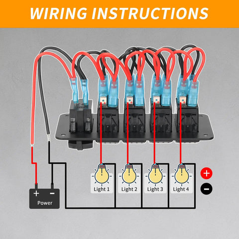 Wiring diagram for 4 Gang IP68 Waterproof Rocker Switch Panel For Boats And RVs With DC 12-24V LED Digital Voltmeter And Dual USB QC 3.0 Type C Fast Charging Prewired Toggle Panel For Cars Marine Trucks Blue