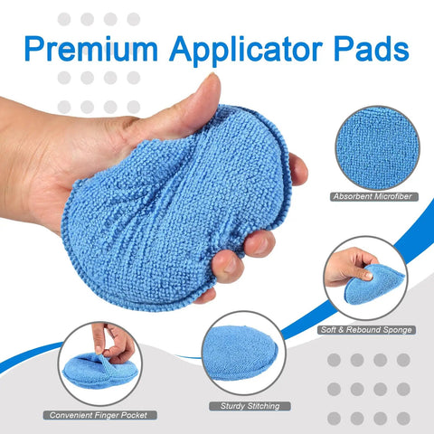 Close-up of 6 Pack 5 Inch Microfiber Wax Applicator Pads with finger pocket showing blue pad material for car detailing