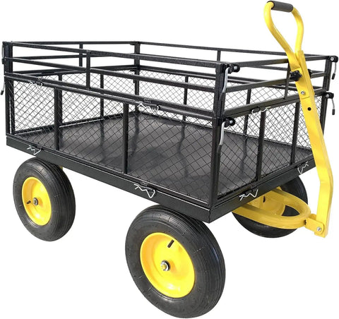 Heavy Duty Garden Cart With Removable Mesh Sides That Converts To Flatbed 1400 Lb Capacity Utility Wagon with yellow handle
