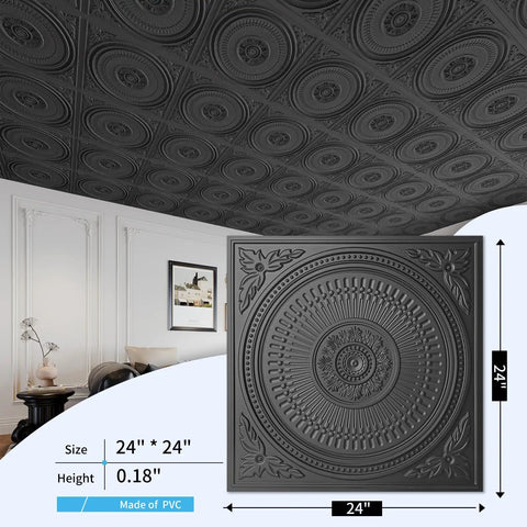 12 Pack Drop Ceiling Tiles 2x2 Ft Dope Black PVC Panels For Interior Kitchen Bathroom Basement Easy Install Waterproof Lightweight 24x24 Inch Decorative Ceiling Tiles For T Bar Grids