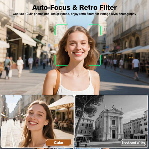 Smiling woman on street captured with Retro TLR Style Pocket Camera For Beginners And Teens 1080P HD Video 12MP Autofocus.