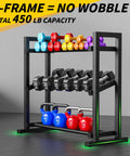 Three Tier Adjustable Dumbbell Rack For Home Gym Storage Heavy Duty Weight Stand filled with colorful weights