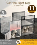 Comparison of X Large Clear Stackable Shoe Storage Boxes showing Mens 11 size variant with visible shoes inside under bed closet use