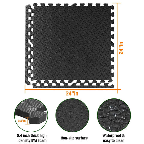 Interlocking EVA Foam Floor Tiles 24x24 Inch 0.4 Inch Thick Gym Flooring For Home Gyms Garages And Basements 12 Pack Covers 48 Square Feet Shock Absorbing Easy Snap Together Install