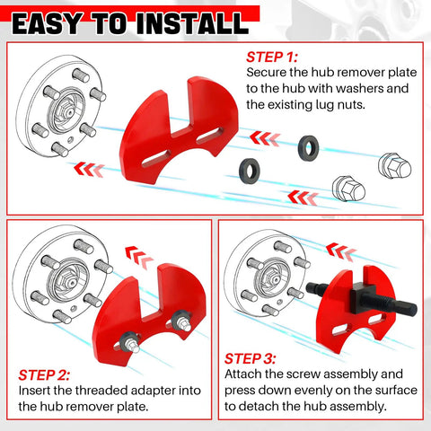 Wheel Hub Removal Tool Kit For Cars And Trucks Universal 5 Lug 6 Lug 8 Lug Hubs Hub Buster Puller With Carrying Case Pro Grade Bearing Hub Remover Set installation steps