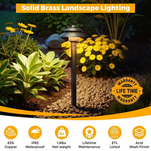 Solid Brass Low Voltage Pathway Lights 12V LED Outdoor Walkway Lamps, Heavy Duty Waterproof Antique Bronze in garden at night