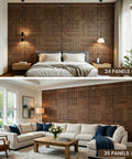 Top Shelf Acoustic Wall Panels Six Pack 24X24 Inch High Density Polyester Sound Dampening Boards in modern bedroom and living room settings.