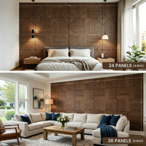 Top Shelf Acoustic Wall Panels Six Pack 24X24 Inch High Density Polyester Sound Dampening Boards in modern bedroom and living room settings.