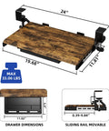 Under Desk Keyboard Tray 19.7 X 12.2 Inches With C Clamp, showing dimensions and sliding mechanism in wood finish for ergonomic setup.